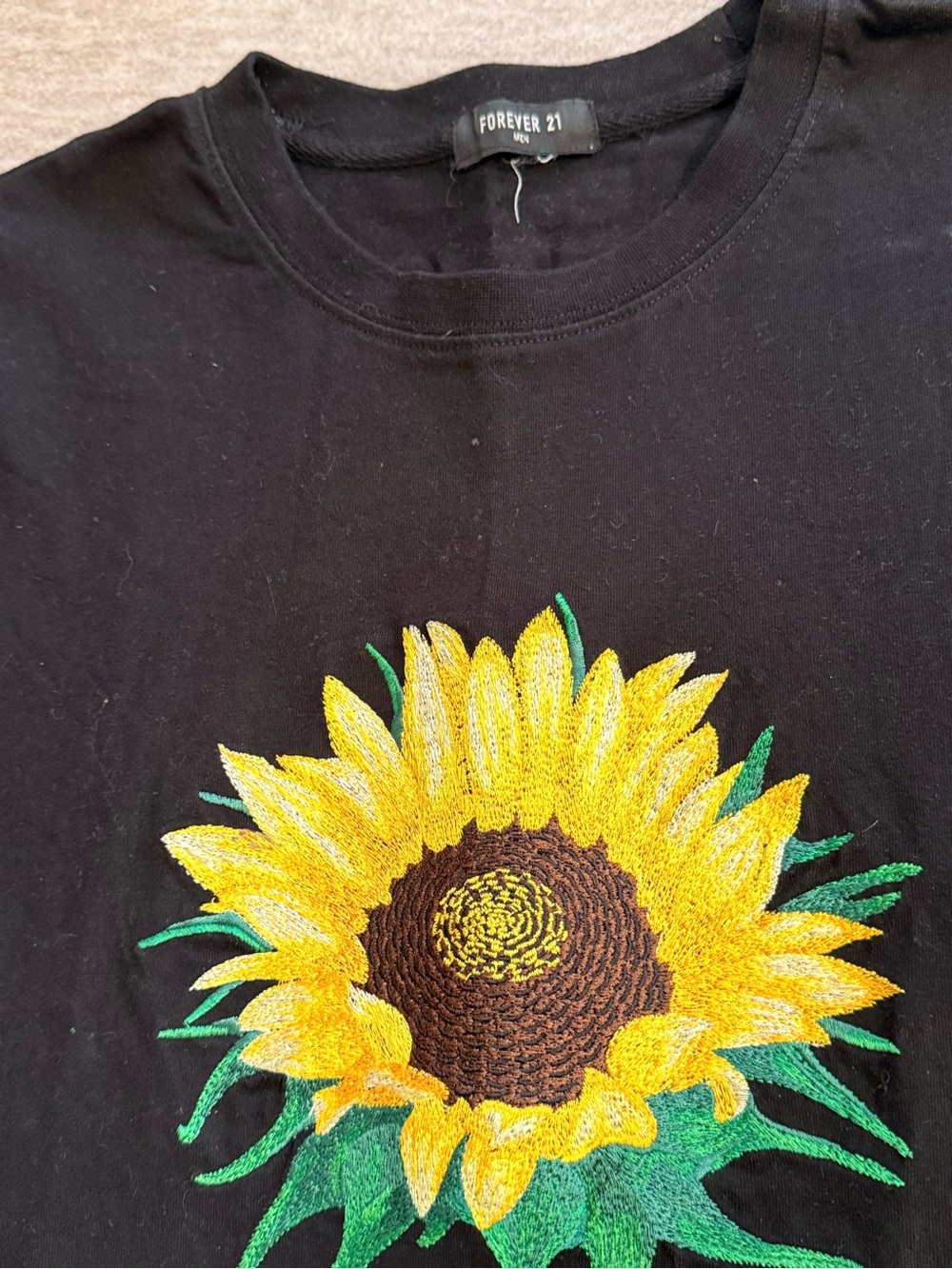 Forever 21 Black Tee with Bright Yellow Sunflower Embroidery